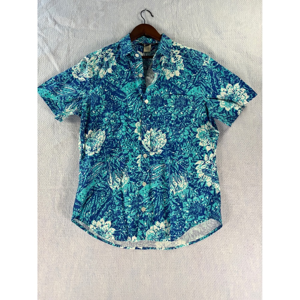 Bahama Hand Prints Mens Large Blue Tropical Floral Cotton Button Down Shirt